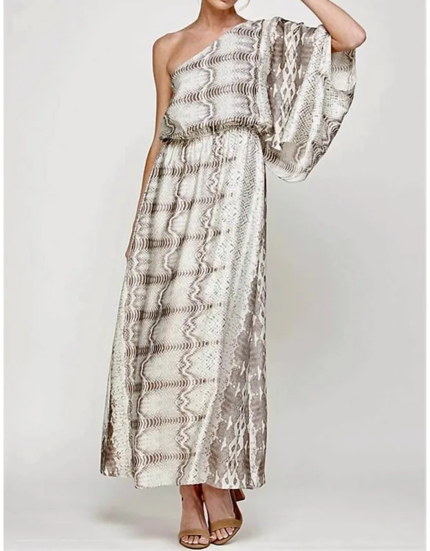 One Shoulder Snake Print Maxi Dress