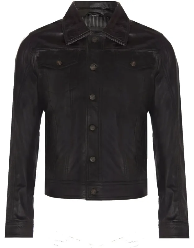 Trucker Slim Fit Leather Shirt Jeans Jacket, Soft Nappa Lambskin, Adjustable Waistband And Cuffs