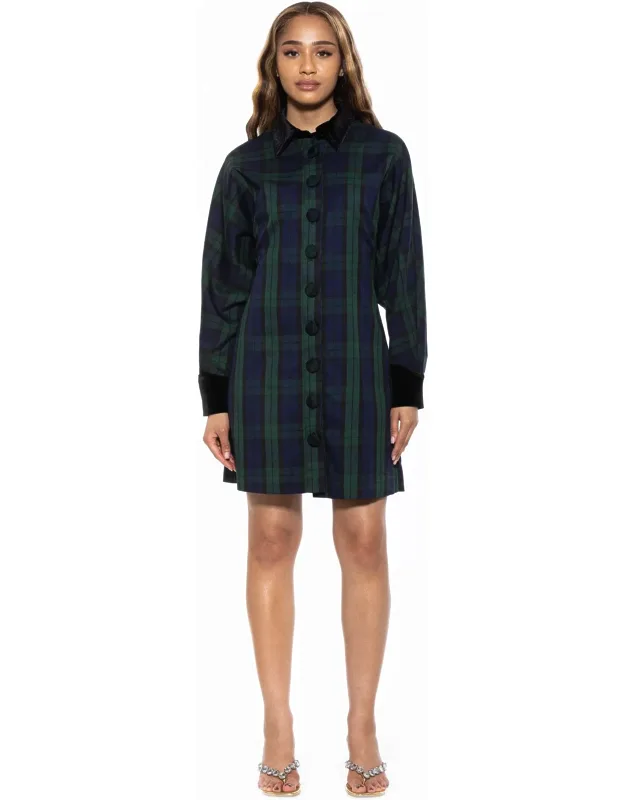 Velvette Plaid Dress Collared Button Down Long Sleeve Mini