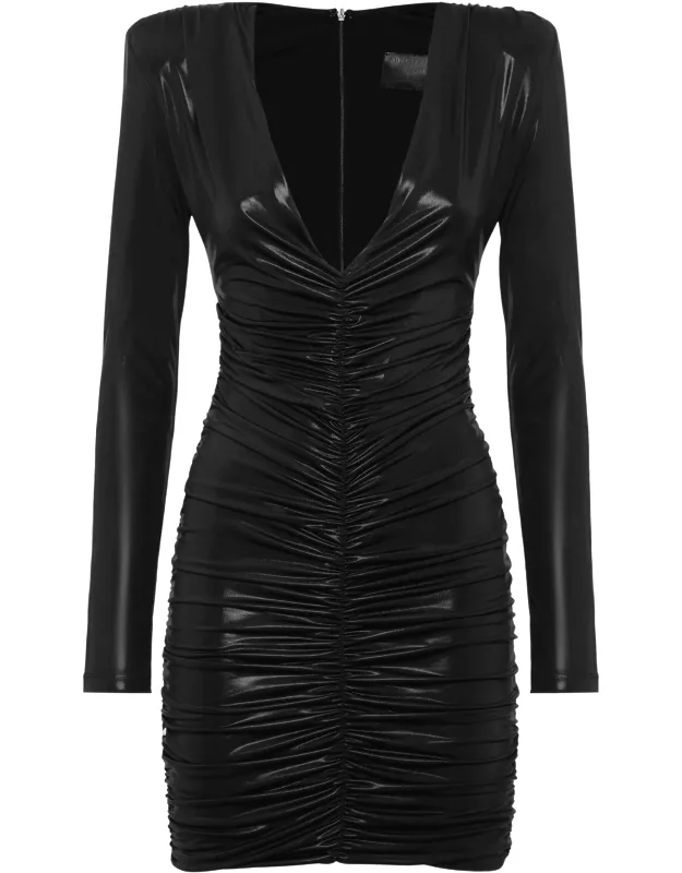 Mini Dress Ls Shiny With Ruched Detailing And Deep V-neckline