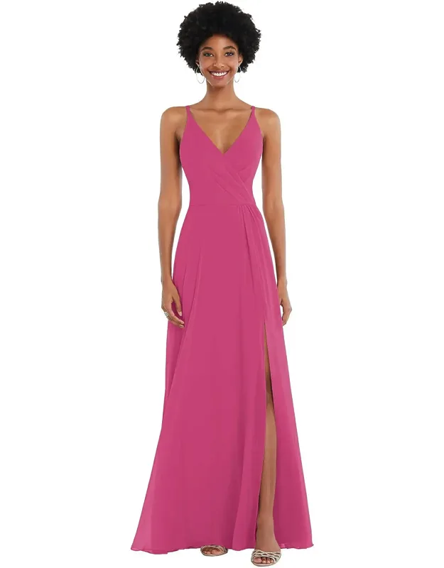 Faux Wrap Criss Cross Back Maxi Dress With Adjustable Straps, Elegant V-neck, Flattering Natural Waist, Soft Flowing Lux Chiffon