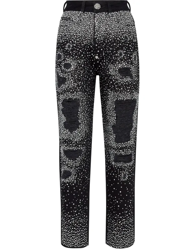 Denim Trousers Boyfriend Fit With Rhinestones And Jewel Piercing Ring