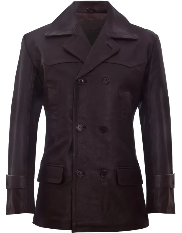 Cowhide Naval Pea Coat Leather Jacket