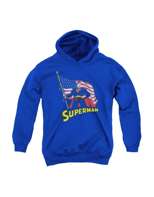 Superman American Flag Youth Pull Over Hoodie - Stylish For Everyday Wear, 50% Cotton And 50% Polyester