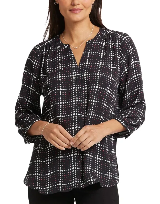 Pintuck Blouse With Lattice Dots Pattern And Billowy Sleeves