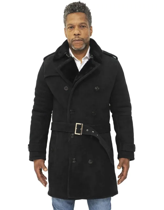 Shearling Sheepskin Suede Pea Coat-kempston With Buckled Waist Belt And Double Breasted Closure