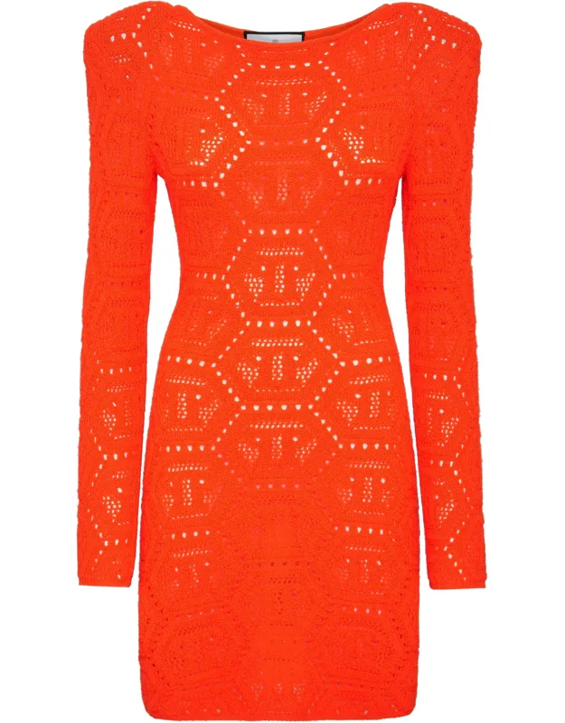 _fluid Knit Mini Dress With Padded Shoulders And Rib Knit Hems_