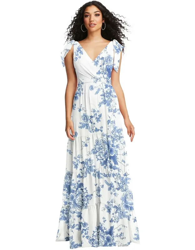Bow-shoulder Faux Wrap Maxi Dress With Tiered Skirt