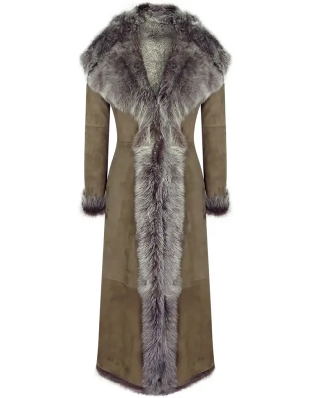 Full Length Hood Suede Toscana Sheepskin Trench Coat