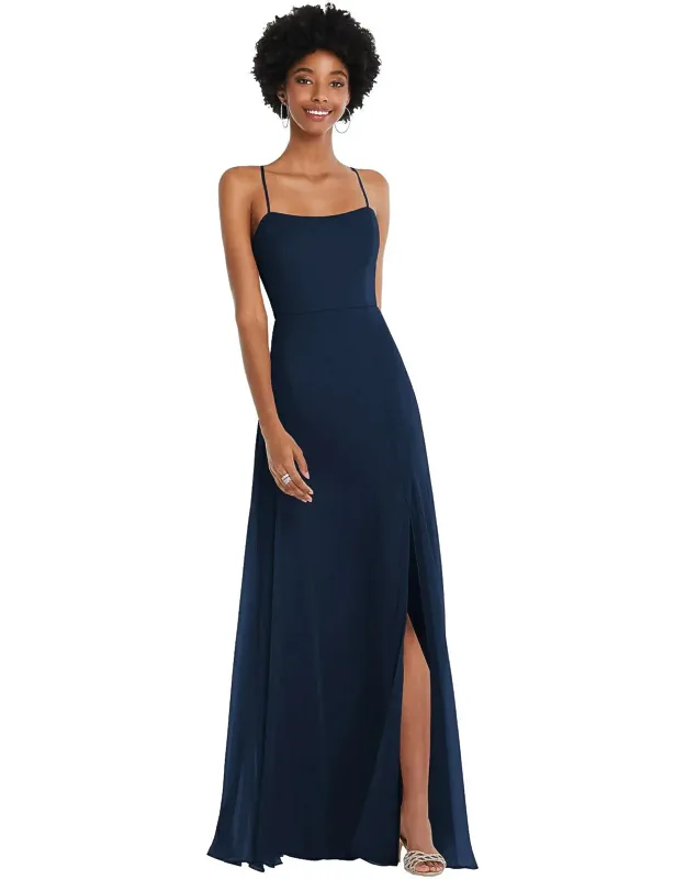 Scoop Neck Convertible Tie-strap Maxi Dress With Front Slit, Ethereal Lux Chiffon, Modified Circle Skirt