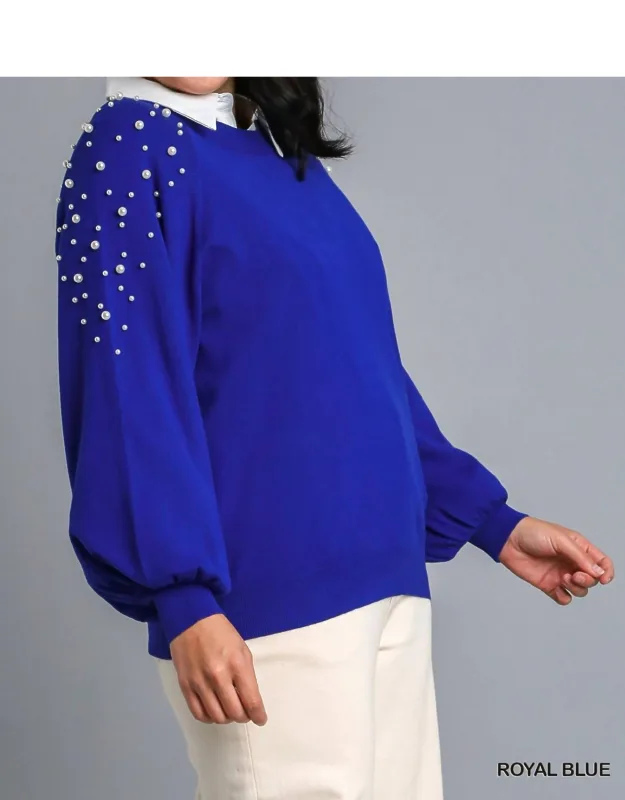 Round Neck Pullover Sweater With Long Sleeve Pearl Details