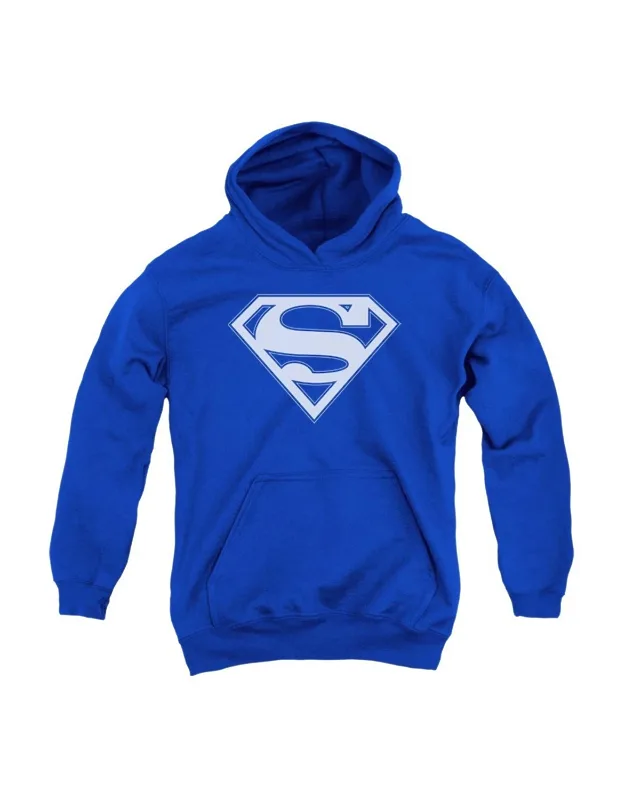 Superman Blue & White Shield Youth Pull Over Hoodie - Stylish For Everyday Wear, 50% Cotton And 50% Polyester