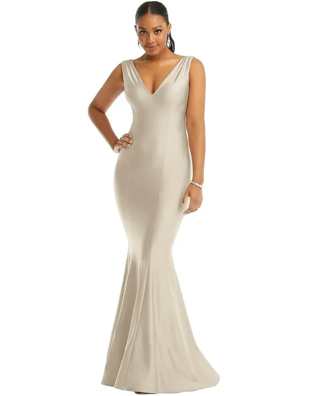 Shirred Shoulder Stretch Satin Mermaid Dress With Slight Train