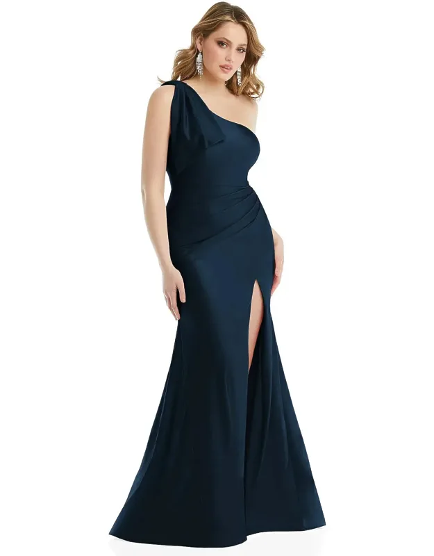 Cascading Bow One-shoulder Stretch Satin Mermaid Dress With Slight Train