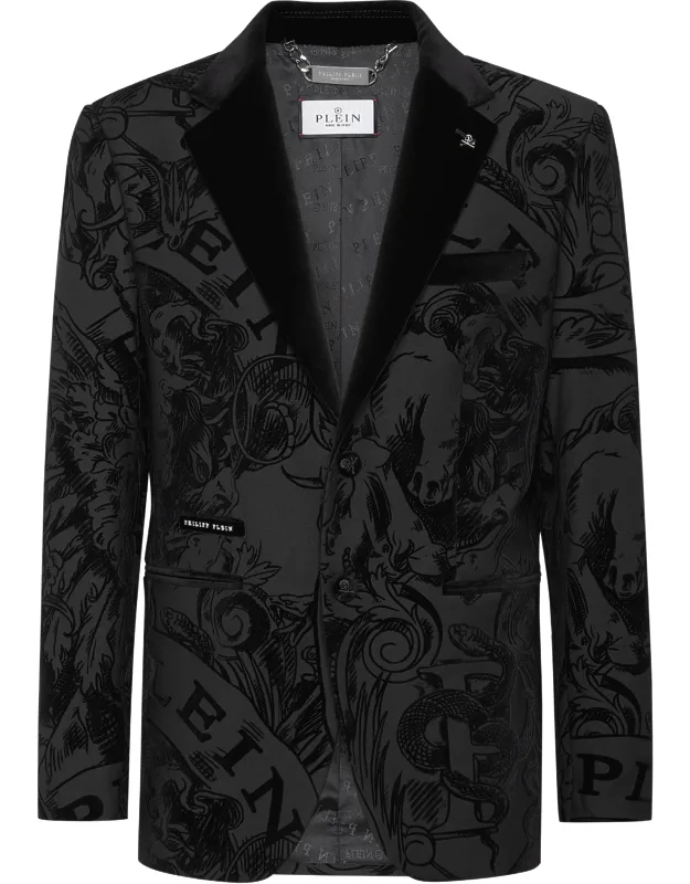 Wool Blazer Fit With Velvet Peak Lapels And Flocked Pattern