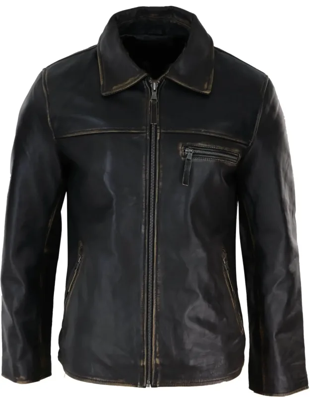 Classic Real Leather Collar Box Jacket - 100% Genuine Soft Hide Premium Washed Leather, Classic Box Style With Zipped Pockets