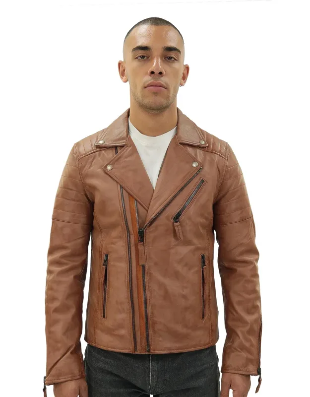 Brando Double Cross Zip Leather Biker Jacket-casablanca With Double Zip And Slanted Zip Pocket