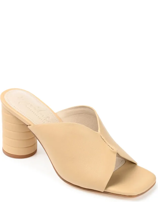 Signature Genuine Leather Slip-on Block Heel Open Square Toe Sandals