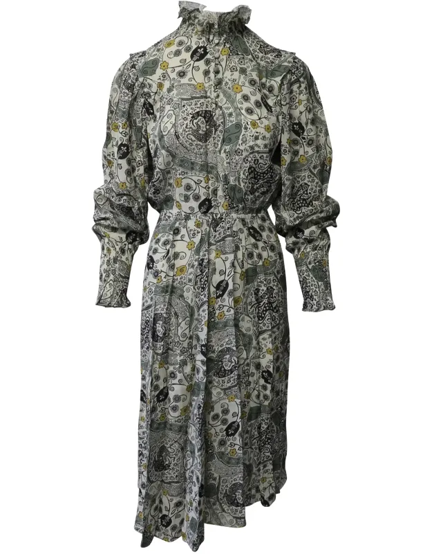 Printed Ruffle Neck Long Sleeve Midi Dress