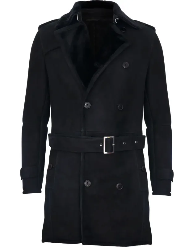 Shearling Sheepskin Suede Pea Coat-cali With Buckled Waist Belt And Double Breasted Closure
