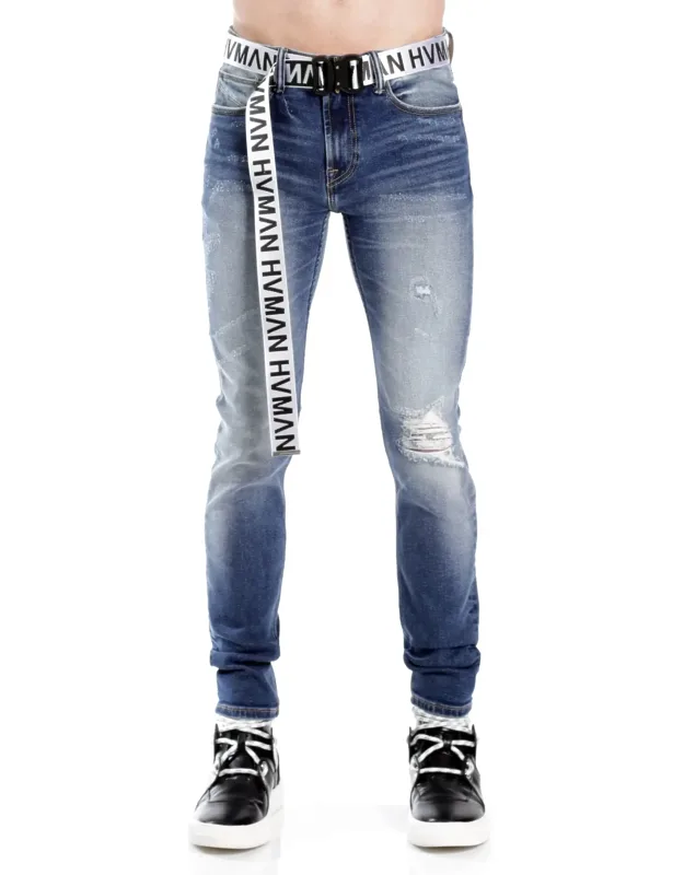_strat Super Skinny Fit Jean W/white Belt In Baltic With Rips And Repairs_
