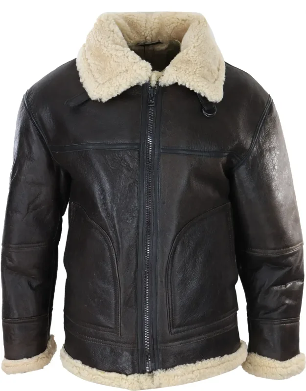Sheepskin Coat With Cream - Finished In Premium Vintage Brown Leather With Teddy Sherling Fully Lined, Zipped Design With Contrasting Leather Detailing & Neck Belt