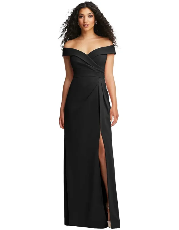 Cuffed Off-the-shoulder Pleated Faux Wrap Maxi Dress