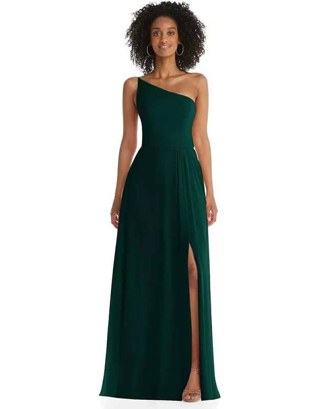 One-shoulder Chiffon Maxi Dress With Shirred Front Slit