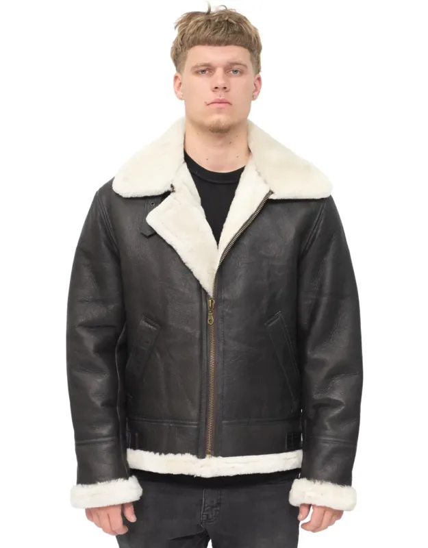 Aviator Real Sheepskin Leather Flying Jacket-oxford With Protection From The Cold And Two Angled Pockets