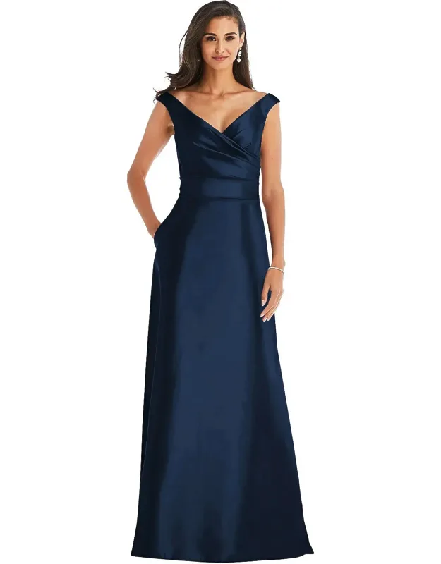 Off-the-shoulder Draped Wrap Satin Maxi Dress