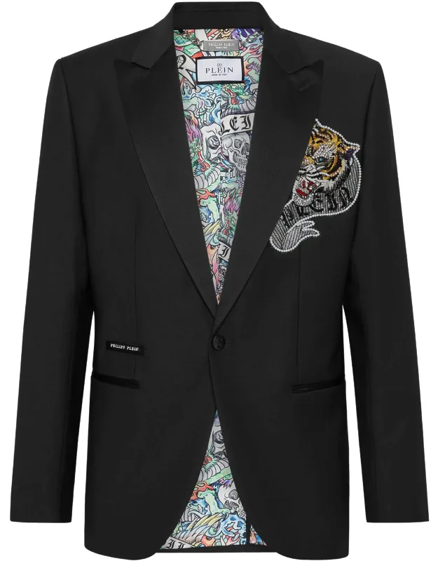Blazer Lord Fit Tattoo With Satin Peak Lapel And Rhinestoned Patch