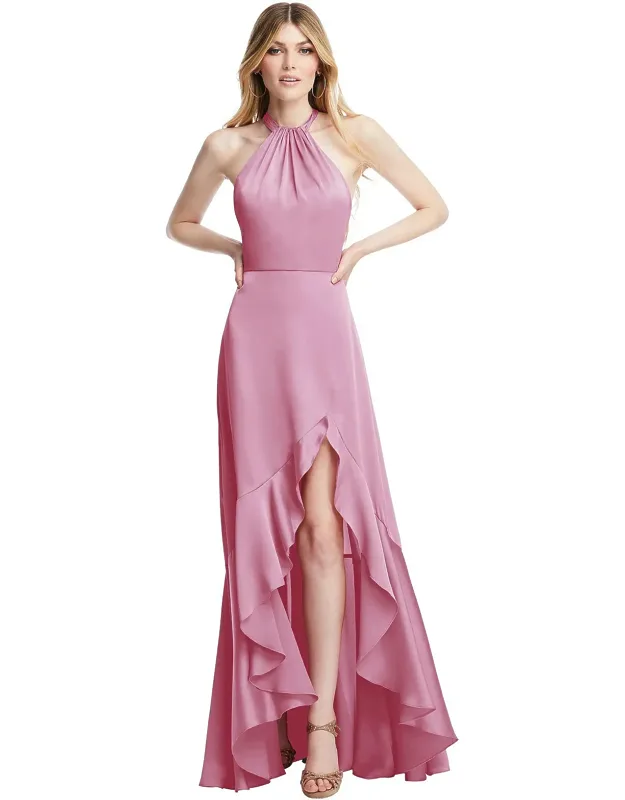Tie-neck Halter Maxi Dress With Asymmetric Cascade Ruffle Skirt