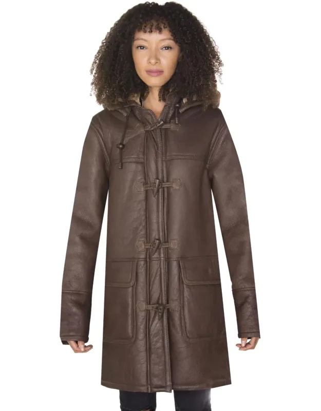 Hooded Sheepskin Duffle Coat With Thick Woollen Lining And Adjustable Hood