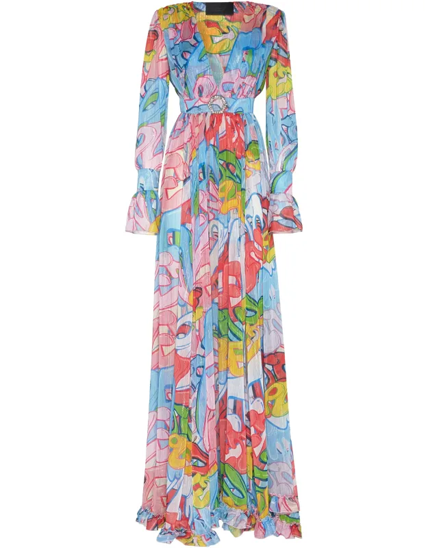 Chiffon Long Dress Bombing Graffiti With Lurex Shimmer And Plunging Neckline