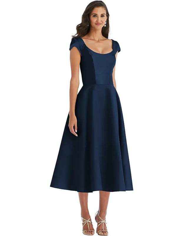 Puff Cap Sleeve Full Skirt Satin Midi Dress