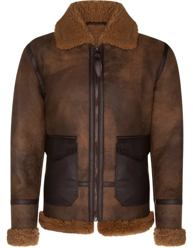 Antique B3 Sheepskin Jacket-aviles Distressed Leather Finish, Shirt-style Collar With A Leather Buckle Strap