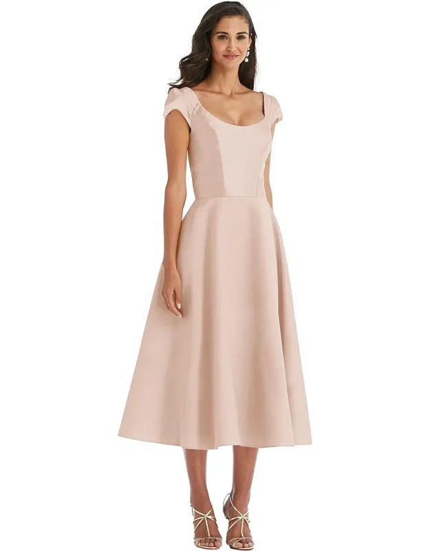 Puff Cap Sleeve Full Skirt Satin Midi Dress