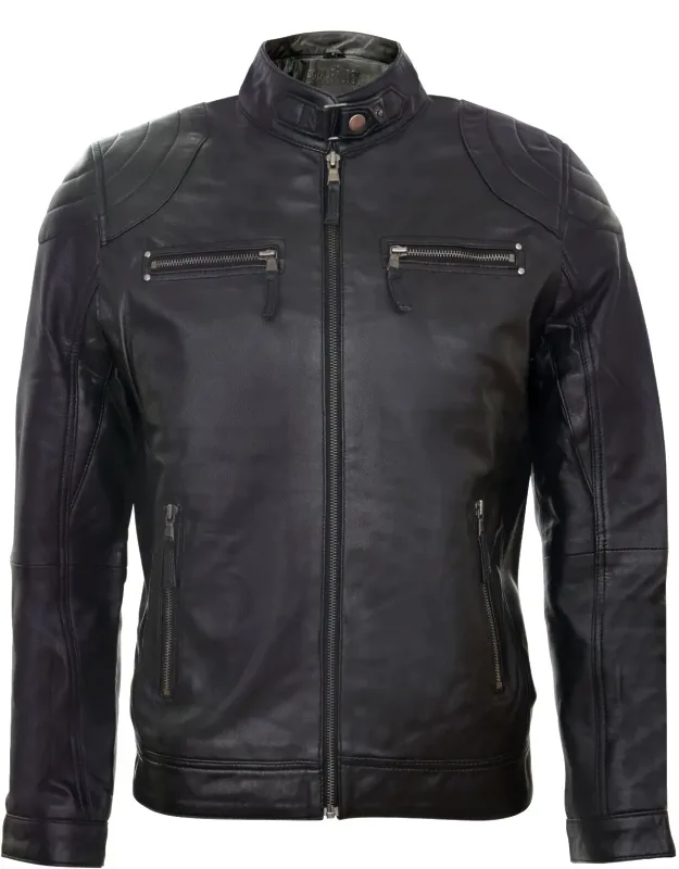 Leather Biker Vintage Zipped Racing Jacket With Ykk Zip Front And 4 External Pockets