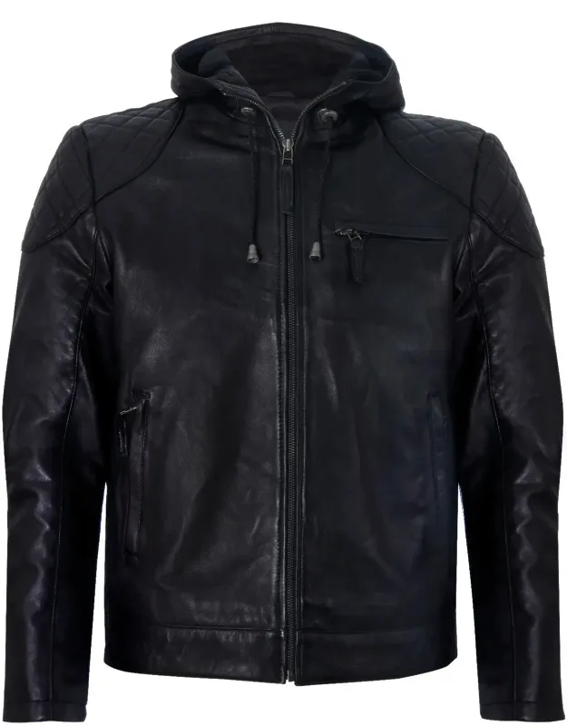 Vintage Zipped Leather Hooded Bomber Biker Jacket With Adjustable Hood And Quilted Shoulders