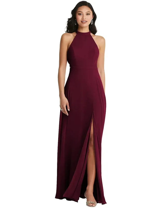 Stand Collar Halter Maxi Dress With Criss Cross Open-back
