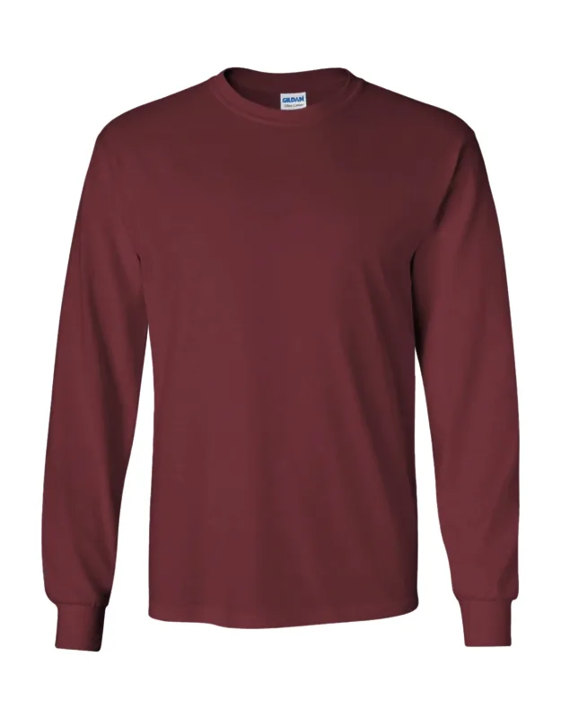 Gildan Plain Crew Neck Ultra Cotton Long Sleeve T-shirt With Seamless Collar And Double Needle Topstitched Neckline