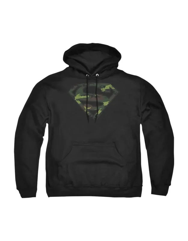 Superman Distressed Camo Shield Adult Pull Over Hoodie - Stylish For Everyday Wear, 50% Cotton And 50% Polyester