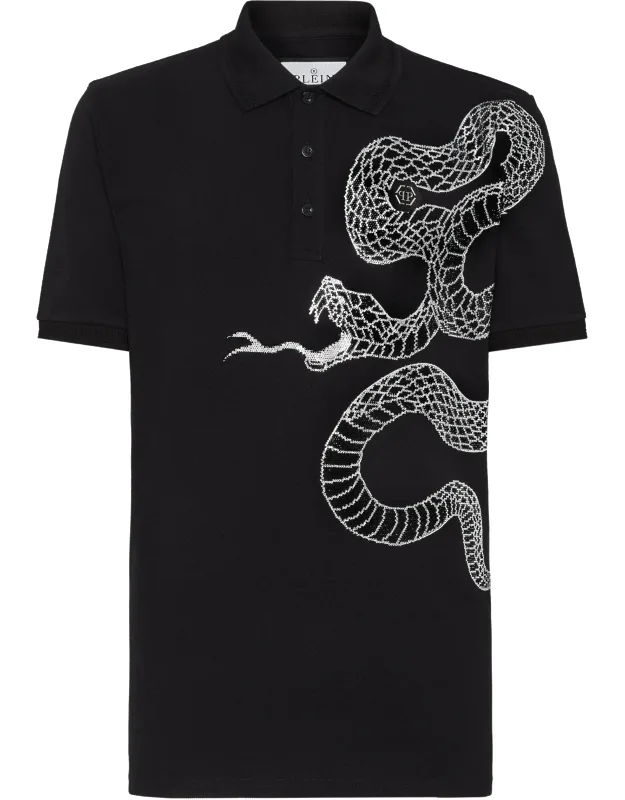Slim Fit Polo Shirt Ss With Bejeweled Snake And Chevron Rib Knit Collar