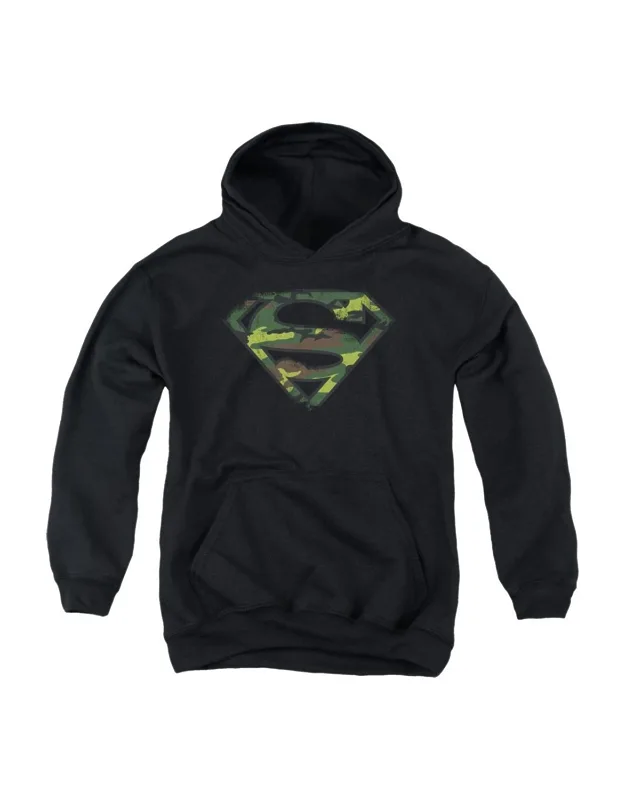 Superman Distressed Camo Shield Youth Pull Over Hoodie - Stylish For Everyday Wear, 50% Cotton And 50% Polyester