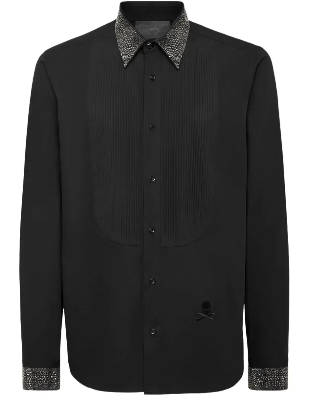 Black Tie Shirt With Rhinestones And Embroidered Skull & Bones