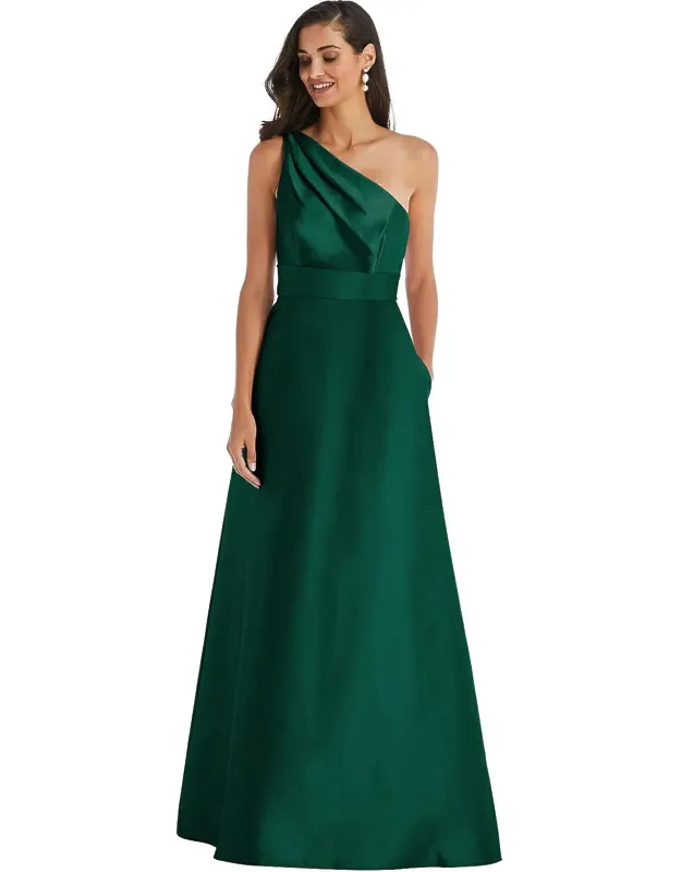 Draped One-shoulder Satin Maxi Dress With Pockets