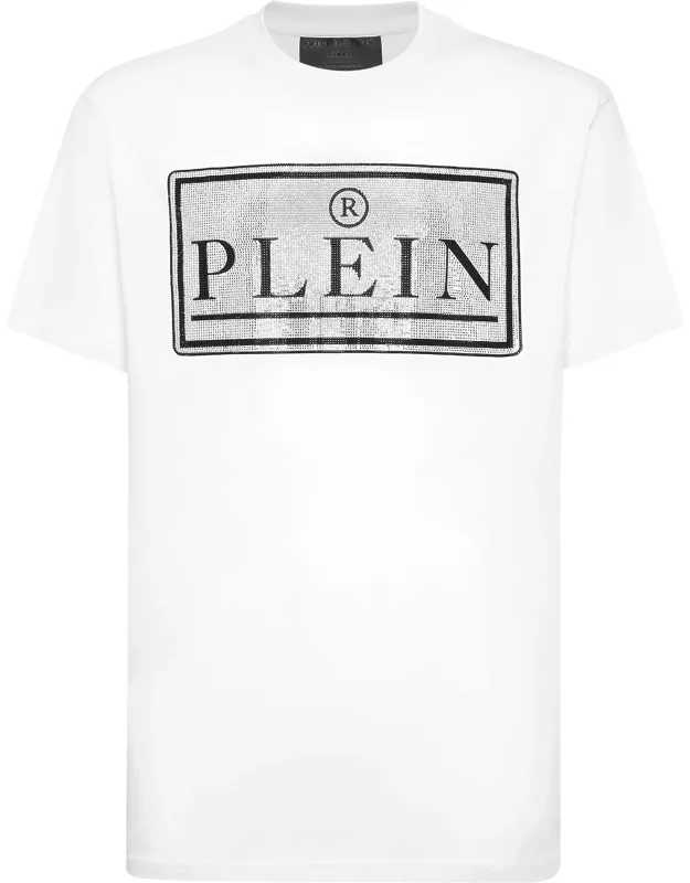 Round Neck T-shirt With Rhinestone Lettering And Hexagon Patch