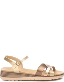 Low Wedge Strappy Sandals With Metallic Buckle Closure And Non-slip Rubber Sole