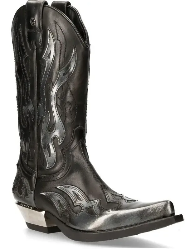 New Rock Flame Accented Leather Biker Cowboy Boots With Soft Leather Lining And Raised Heel