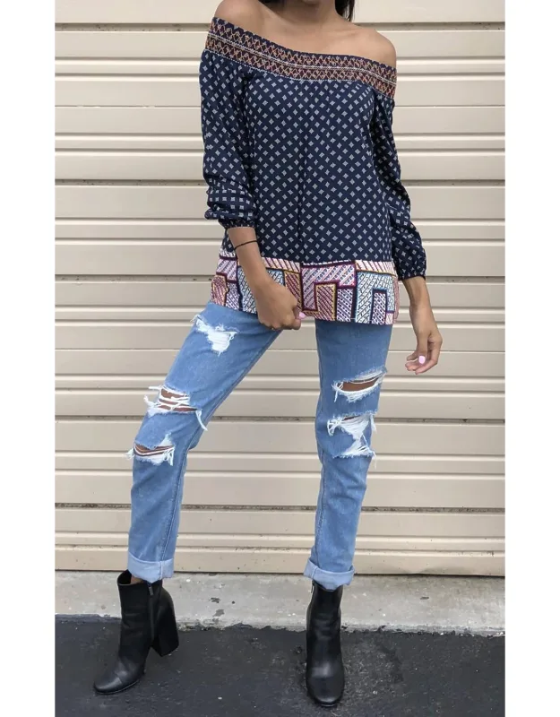 Twin Print Off The Shoulder Top